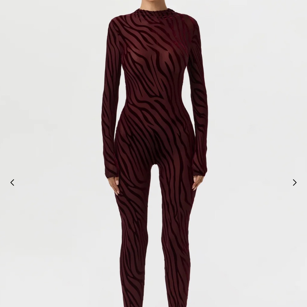 naked wardrobe Burgundy Zebra-Print Long Sleeve Jumpsuit
